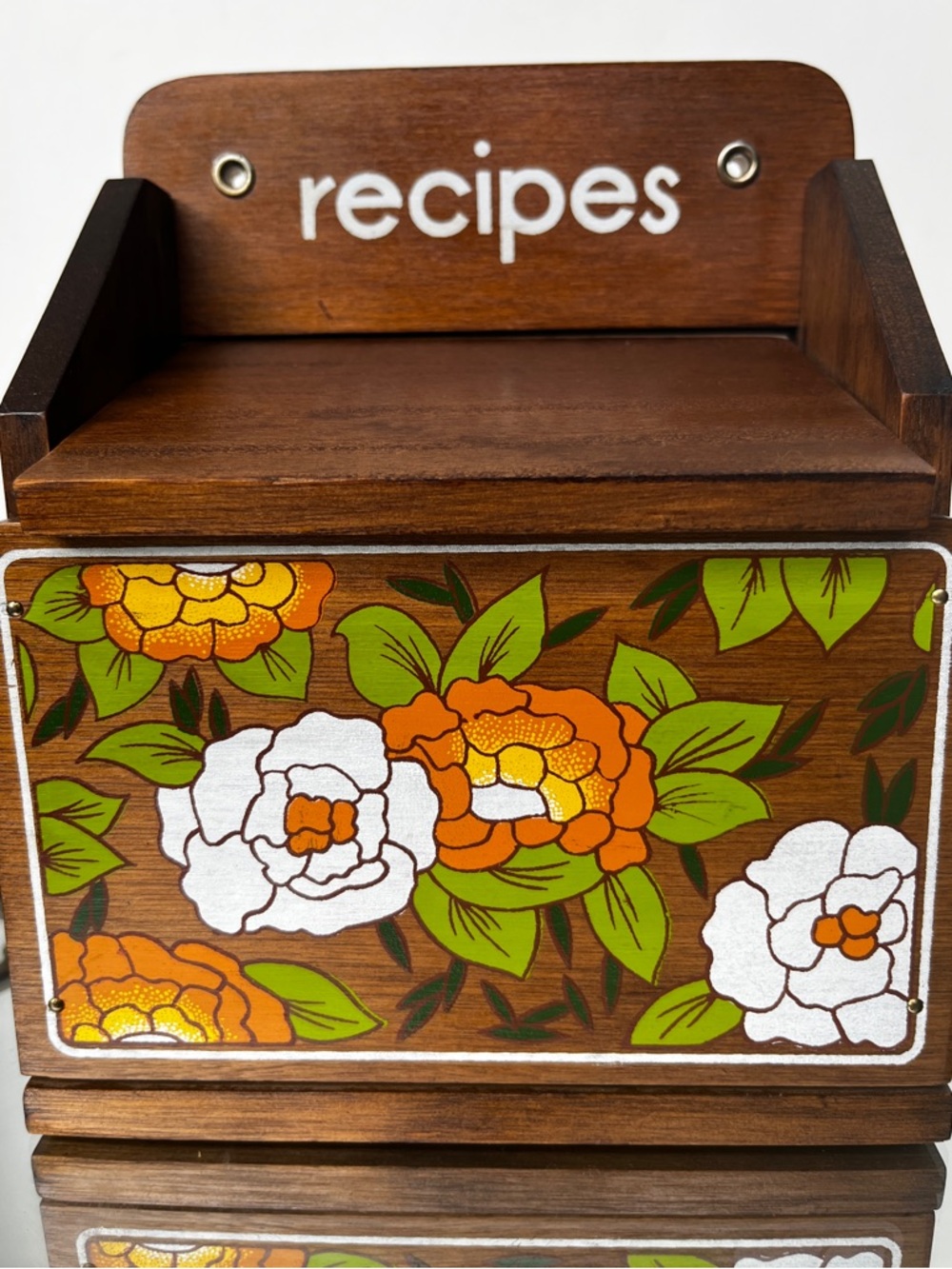 Vintage 1970s Retro Floral Wooden Recipe Box Card Holder Kitchen